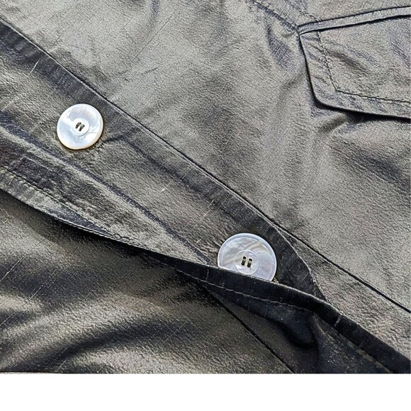 Vtg Y2K VALENTINO Metallic Futurism 100% Silk Green-Gray Belted Moto Trench Sz 8 - Picture 7 of 9